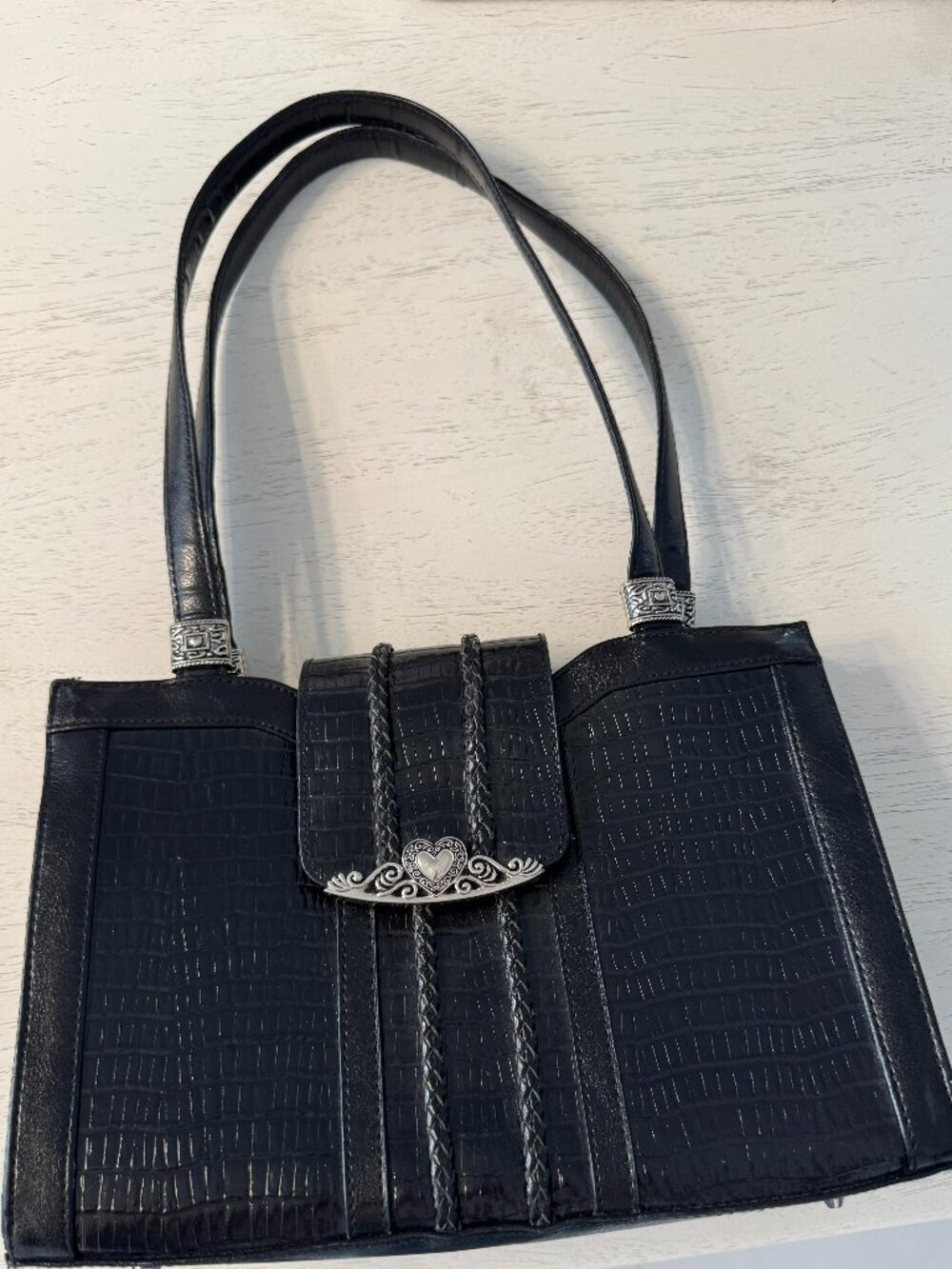 FAUX Brighton Vintage Embossed Black Patent Handbag with Silver Adornments